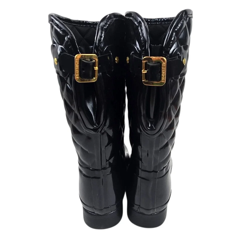Hunter Refined Quilted Gloss Rain Boots, Adjustable Mid-Calf Black US 8, EU 39